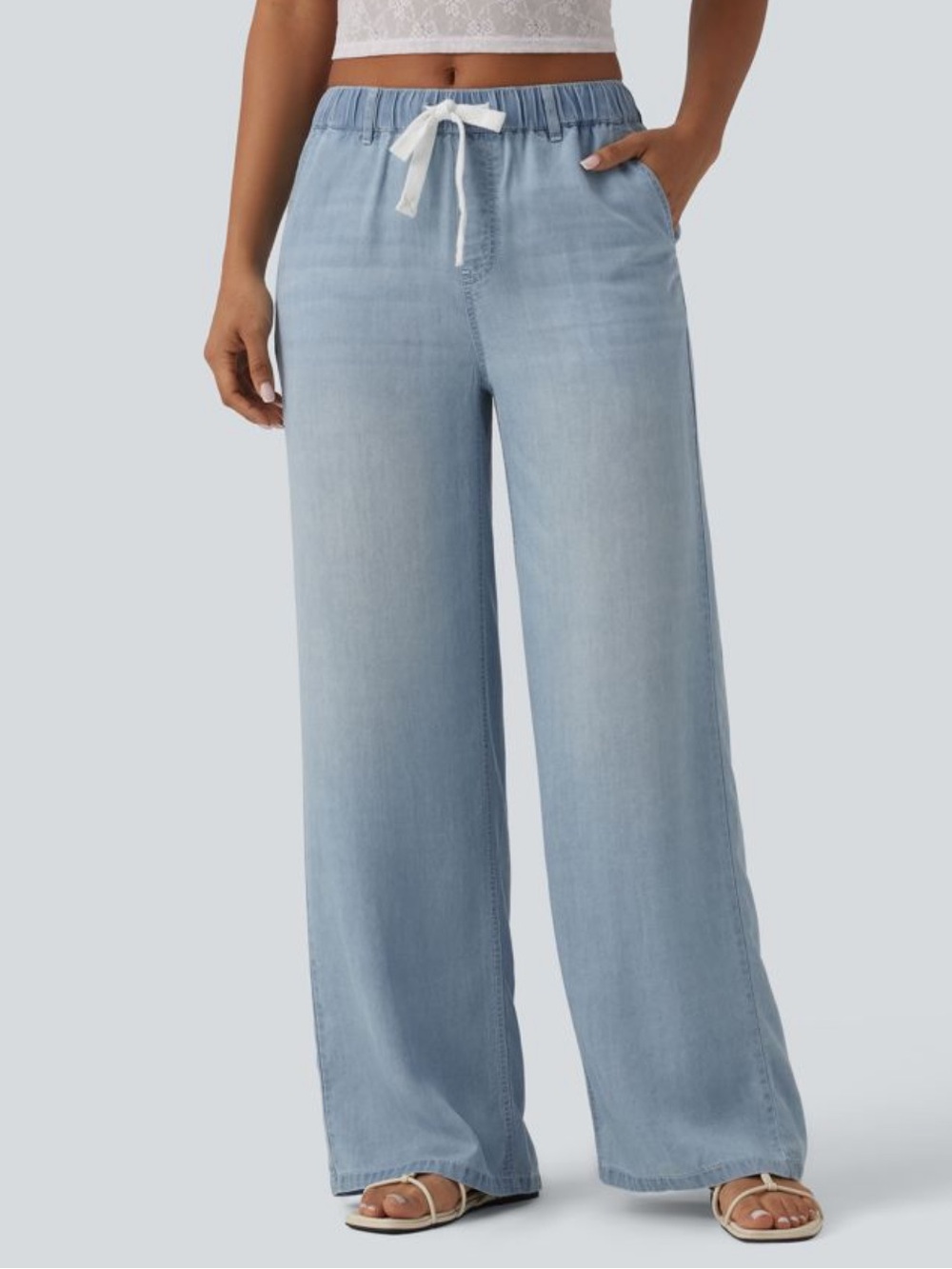 HALARA Light Blue Wide-Leg Drawstring Jeans